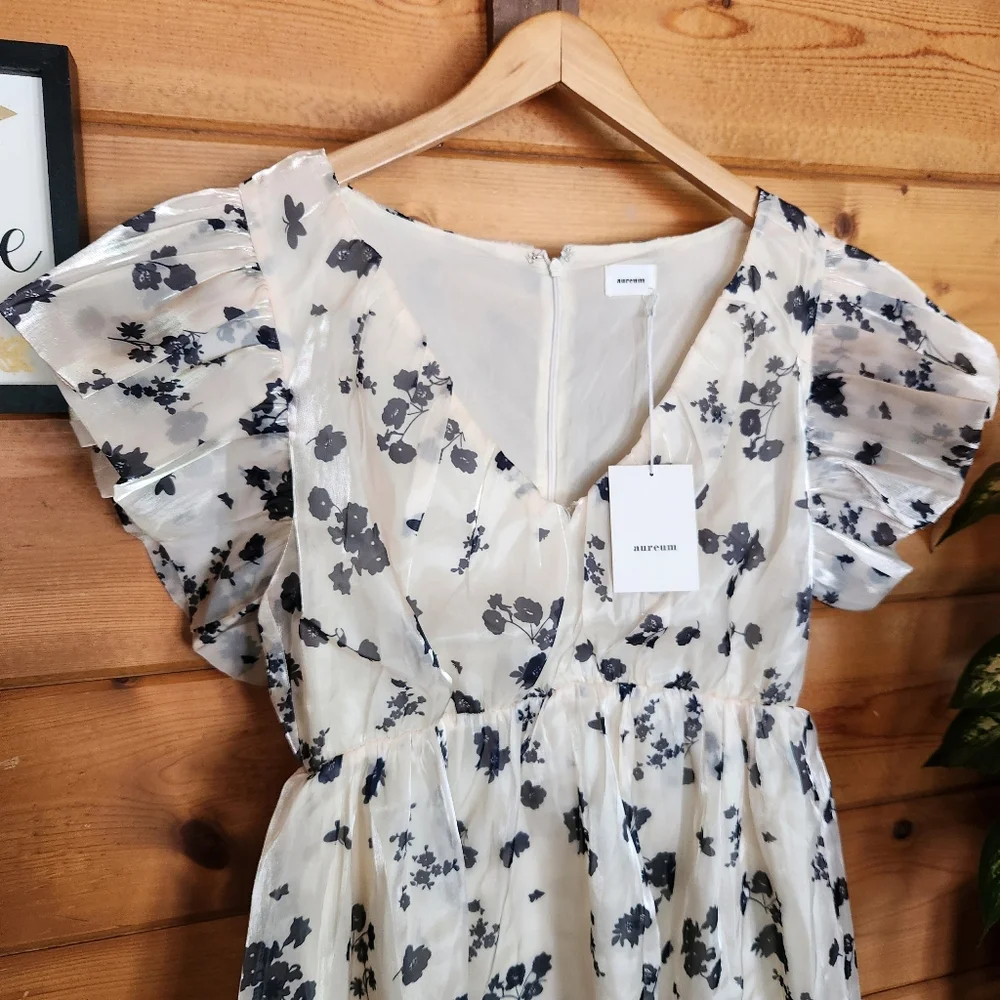 Aureum NWT Floral Organza Puff Pleated Ruffle Sleeves Stretch Chiffon Dress Sz M